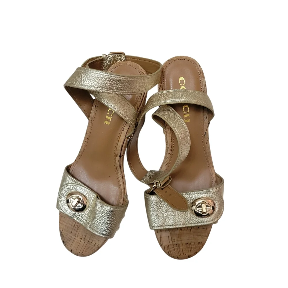 Coach Metallic Gold Leather Cork Sandals Turn-Lock Detail & Wrap Strap Boho Chic